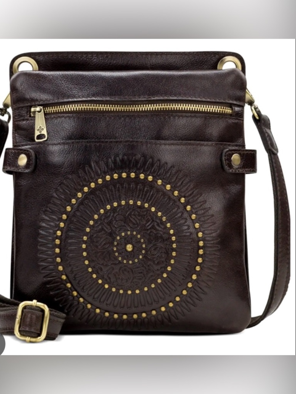 PATRICIA NASH FRANCESCA DARK BRIWN LEATHER CROSSBODY WITH GOLD STUD MEDALLION